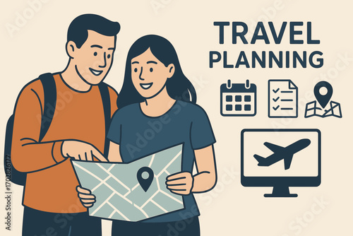 Couple Trip Planning. Vector banner featuring couple planning trip and travel planning icon set for calendars, checklists, maps
