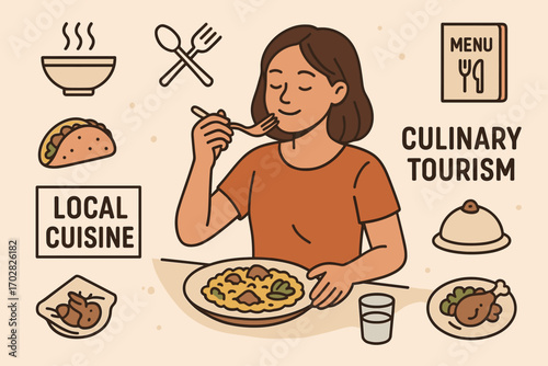 Culinary Tourism Icons. Scene with woman trying local food and culinary tourism icon set for dishes, utensils, menus and local