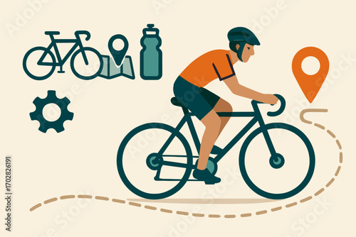 Cyclist's Adventure Essentials. Horizontal vector artwork of cyclist on travel route and active tourism icon set for bike, map,