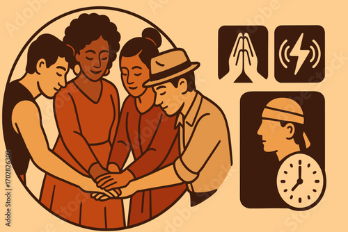 Pre-Performance Ritual Scene. Creative banner featuring cast in circle pre-performance and ritual icon set for hands together,