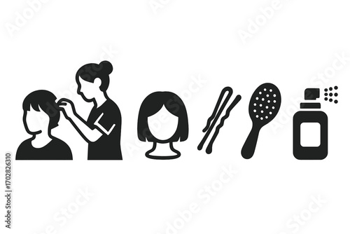 Wig Styling Tools. Vector strip showing crew member helping with wig and hair styling icon set for wigs, pins, brush, cap and