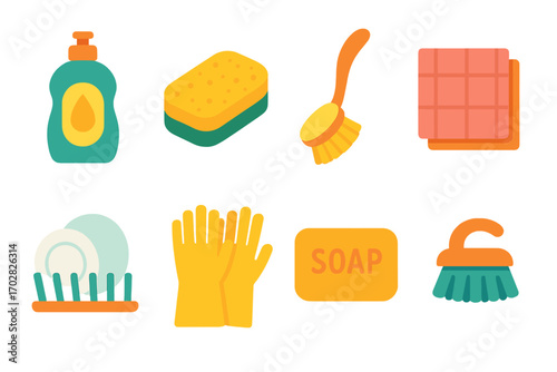 Cleaning tools flat icon set. featuring soap, sponge, scrub brush, towel, dish rack, gloves, bubble, mop
