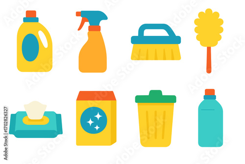 Cleaning supplies flat icon set. featuring detergent, spray, brush, duster, wipes, trash, and bottle symbols