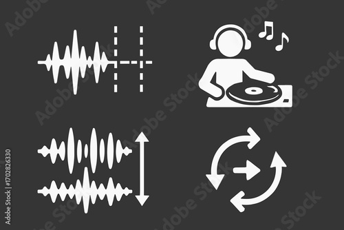 DJ Beat Sync Interface. Modern vector panel showing DJ syncing beat and beatmatching icon set for waveform alignment, grid markers