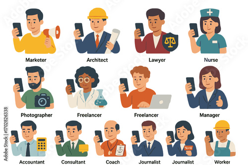Professions flat icons set. featuring marketer, architect, lawyer, nurse, photographer, freelancer, manager, consultant, coach, journalist, worker