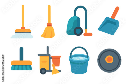 Cleaning tools flat icon set. featuring broom, mop, vacuum, dustpan, brush, bucket, and cleaning cart