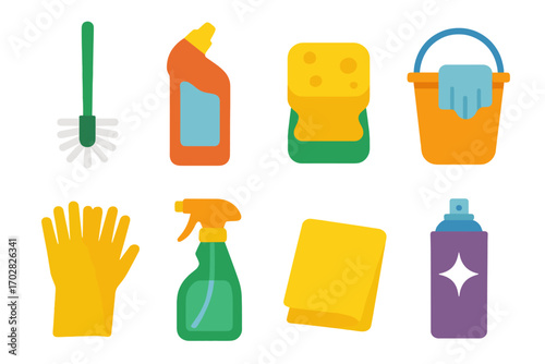 Cleaning tools flat icon set. featuring mop, detergent, sponge, bucket, gloves, spray bottle, cloth, and aerosol
