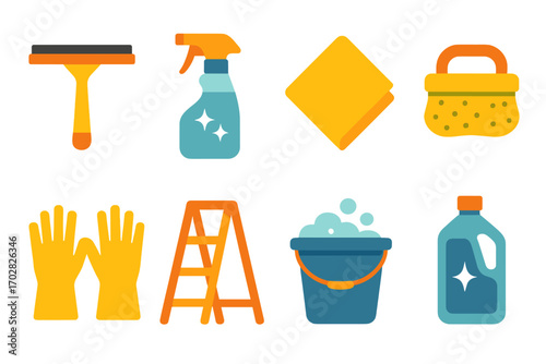 Cleaning tools flat icon set. featuring squeegee, spray bottle, cloth, scrubber, gloves, ladder, bucket, detergent