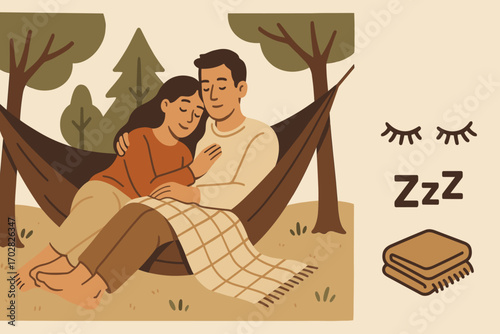 Couple Relaxing in Hammock. Horizontal artwork with couple relaxing in hammock and rest icon set for closed eyes, Zzz symbol,