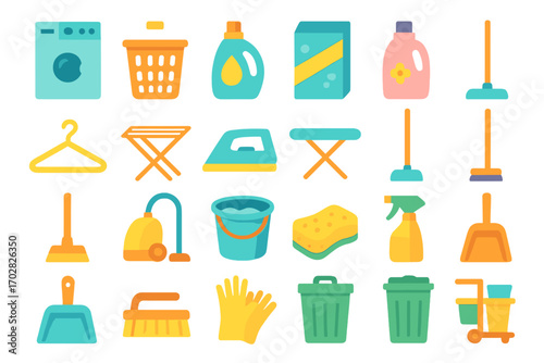 Household chores flat icon set. featuring washing, ironing, detergent, mop, vacuum, and laundry symbols
