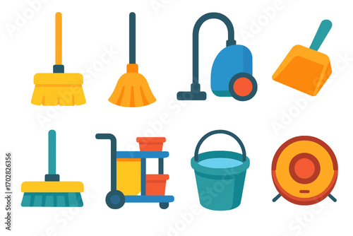 Cleaning equipment flat icon set. featuring broom, mop, vacuum cleaner, dustpan, bucket, and cleaning cart.