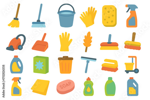 Cleaning tools flat icon set. featuring broom, bucket, gloves, sponge, spray bottle, vacuum, and mop