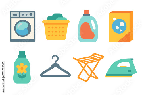 Laundry equipment flat icon set. featuring washer, basket, detergent, powder box, softener, hanger, drying rack, and iron