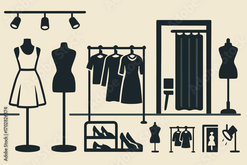 Fashion Boutique Interior. Horizontal vector banner showing fashion boutique interior and fashion icon set for mannequins, racks,