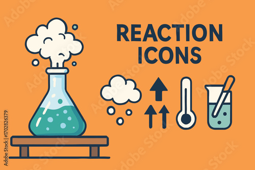 Chemistry Reaction Icons. Vector banner featuring bubbling flask on table and reaction icon set for foam clouds, gas arrows,