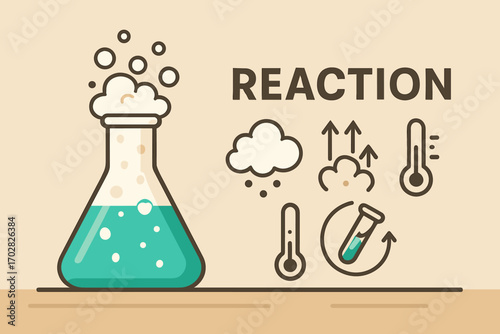 Chemistry Reaction Icons. Vector banner featuring bubbling flask on table and reaction icon set for foam clouds, gas arrows,