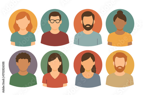 Avatar flat icons set. diverse profiles, faces, characters, people, portraits, men, women, individuals, users