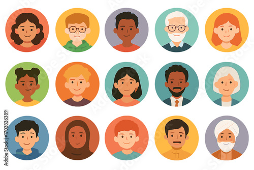 Diverse people flat icon set. featuring male, female, senior, child, and various ethnic group portraits