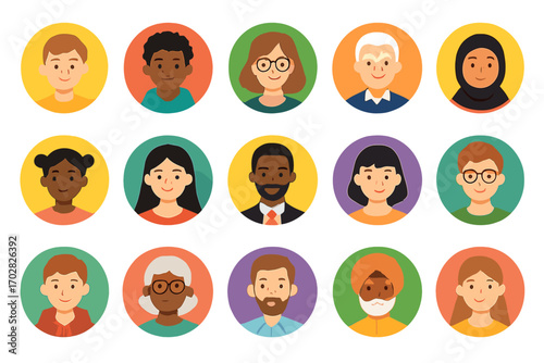 Avatar flat icon set. featuring diverse person, man, woman, senior, youth, professional, and child symbols