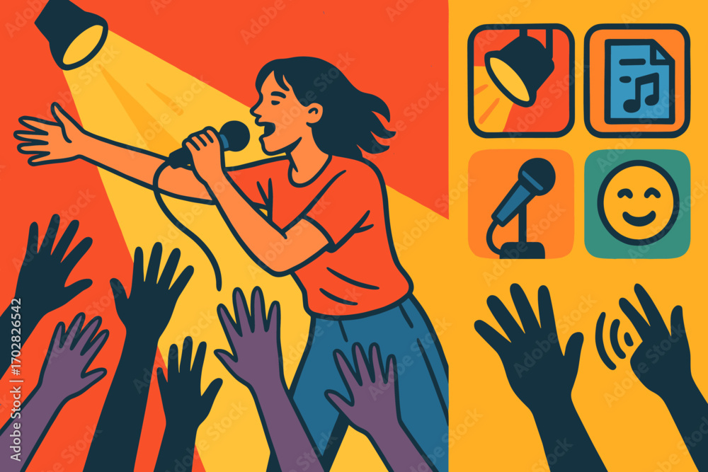 Fototapeta premium Singer's Vibrant Performance. Bright banner portraying singer reaching to crowd and live performance icon set for spotlight,