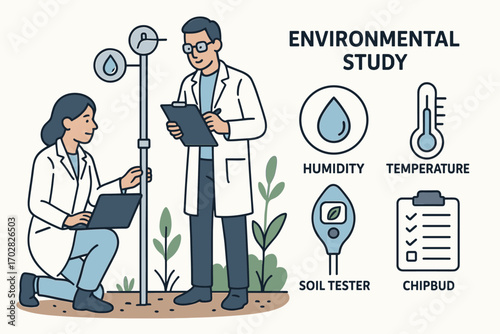 Environmental Monitoring Tools. Vector layout showing scientists checking sensors and environmental study icon set for humidity,