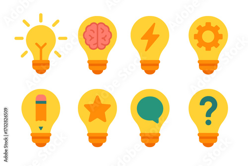 Idea and creativity flat icon set. featuring innovation, brainstorming, inspiration, settings, pencil, speech, star, and question symbols