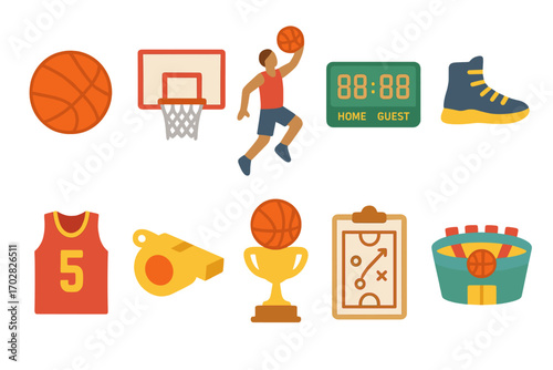 Basketball equipment flat icon set. featuring jersey, whistle, sneaker, clipboard, hoop, and scoreboard symbols.