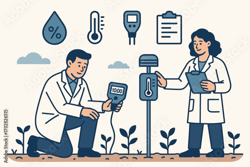 Environmental Monitoring Tools. Vector layout showing scientists checking sensors and environmental study icon set for humidity,