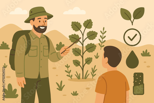 Guide to Edible Plants. Flat scene showing guide pointing out edible plants and survival icon set for leaves, safe symbol, water