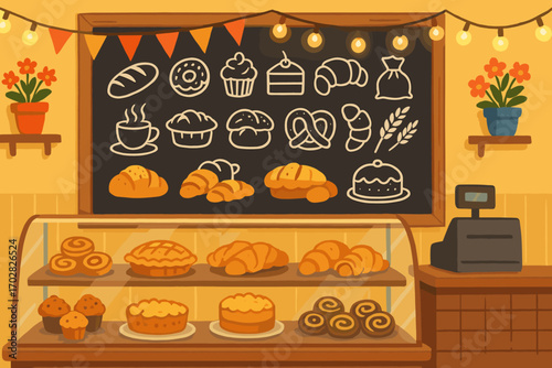 Chalkboard Bakery Interior. Horizontal composition showing vibrant interior of bakery and decor icon set for chalkboard menu,