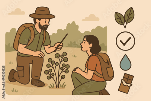 Guide to Edible Plants. Flat scene showing guide pointing out edible plants and survival icon set for leaves, safe symbol, water