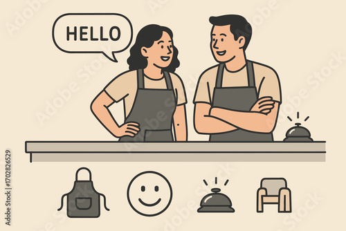 Friendly Service Icons. Modern banner depicting staff chatting behind counter and friendly service icon set for hello bubble,