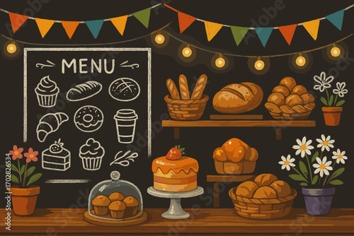 Chalkboard Bakery Interior. Horizontal composition showing vibrant interior of bakery and decor icon set for chalkboard menu,
