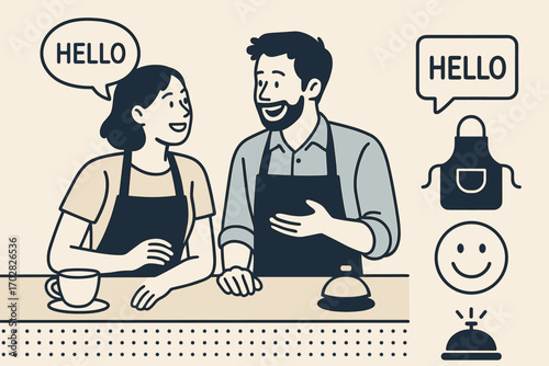 Friendly Service Icons. Modern banner depicting staff chatting behind counter and friendly service icon set for hello bubble,