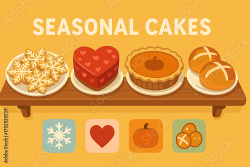 Seasonal Cake Display. Bright banner portraying seasonal cake shelf and seasonal icon set for snowflake cookies, heart cake,