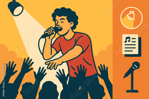 Singer's Vibrant Performance. Bright banner portraying singer reaching to crowd and live performance icon set for spotlight,