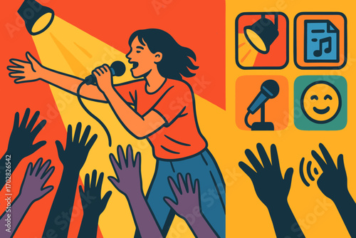 Singer's Vibrant Performance. Bright banner portraying singer reaching to crowd and live performance icon set for spotlight,