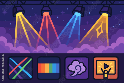 Cartoon Laser Spectacle. Cartoon-style horizontal panel showing light show and lighting icon set for lasers, color spectrum, fog