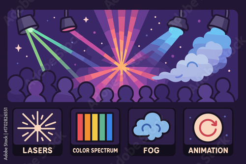 Cartoon Laser Spectacle. Cartoon-style horizontal panel showing light show and lighting icon set for lasers, color spectrum, fog