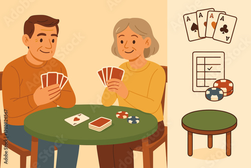 Family Game Night. Scene banner with parents playing cards and casual games icon set for deck, score sheet, chips and table icon.
