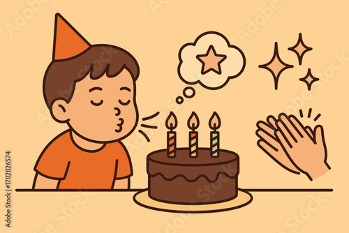 Birthday Candle Moment. Horizontal composition showing child blowing out candles and birthday moment icon set for cake, wish cloud