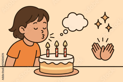 Birthday Candle Moment. Horizontal composition showing child blowing out candles and birthday moment icon set for cake, wish cloud