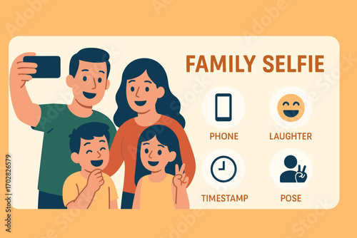 Family Selfie Moment. Flat vector banner with family taking group selfie and memory icon set for phone, laughter icon, timestamp