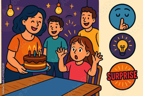 Surprise Cake Celebration. Colorful scene of family bringing cake to table and surprise icon set for hush hand, lights off, eyes