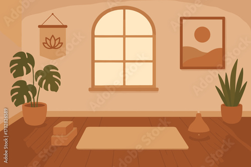 Tranquil Yoga Studio. Scene illustration showing peaceful yoga studio interior and space icon set for wood floor, plants, diffuser