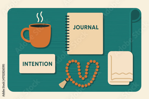 Holistic Yoga Essentials. Modern vector panel showing yoga mat with journal and holistic icon set for tea mug, intention card,