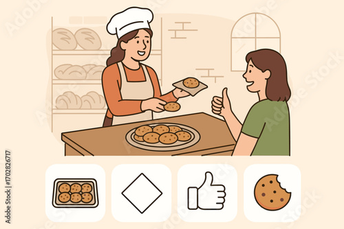 Bakery Sample Icons. Scene with bakery giving out samples and tasting icon set for cookie tray, napkin, thumbs up and bite icon.
