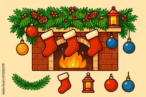 Holiday Mantel Decor. Bright banner portraying decorated mantel above fire and holiday decor icon set for pine garland, stockings,