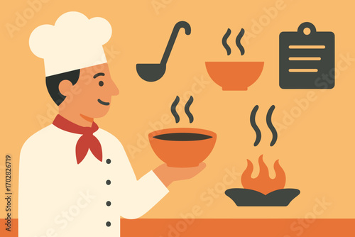Chef's Soup Delight. Flat vector banner with chef serving soup and warm food icon set for bowl, ladle, steam lines and recipe
