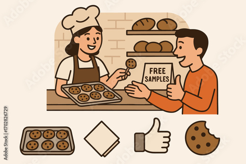 Bakery Sample Icons. Scene with bakery giving out samples and tasting icon set for cookie tray, napkin, thumbs up and bite icon.